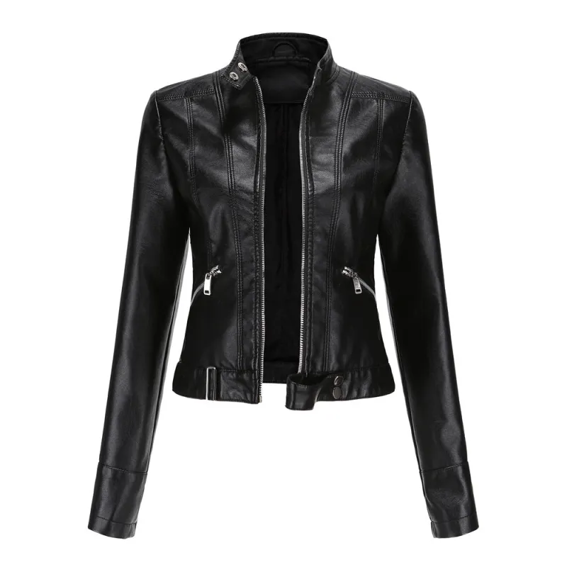 Women's Leather Jacket Black PU High Collar sold by Hensley London