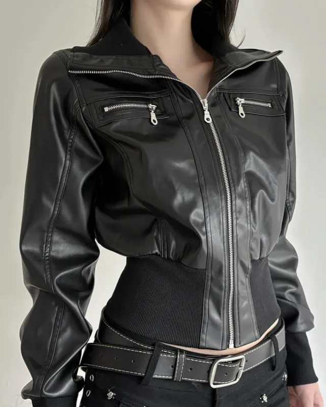 Luxe Women's Leather Jacket | Slim Fit, Stand Collar, Chic Patchwork Design sold by Hensley London