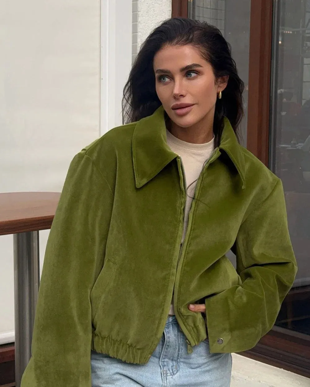 Vera Women's Jacket | Vintage Green Velvet, Loose-Fit Baseball sold by Hensley London