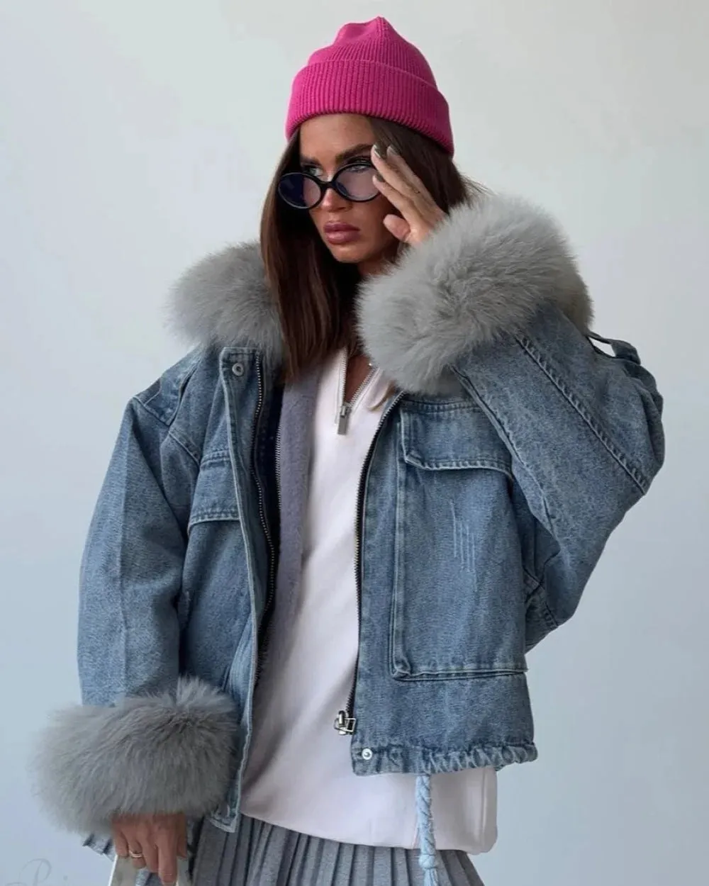 Fuzzy Denim Jacket for Women | Loose Fit with Large Pockets sold by Hensley London product image thumbnail 2