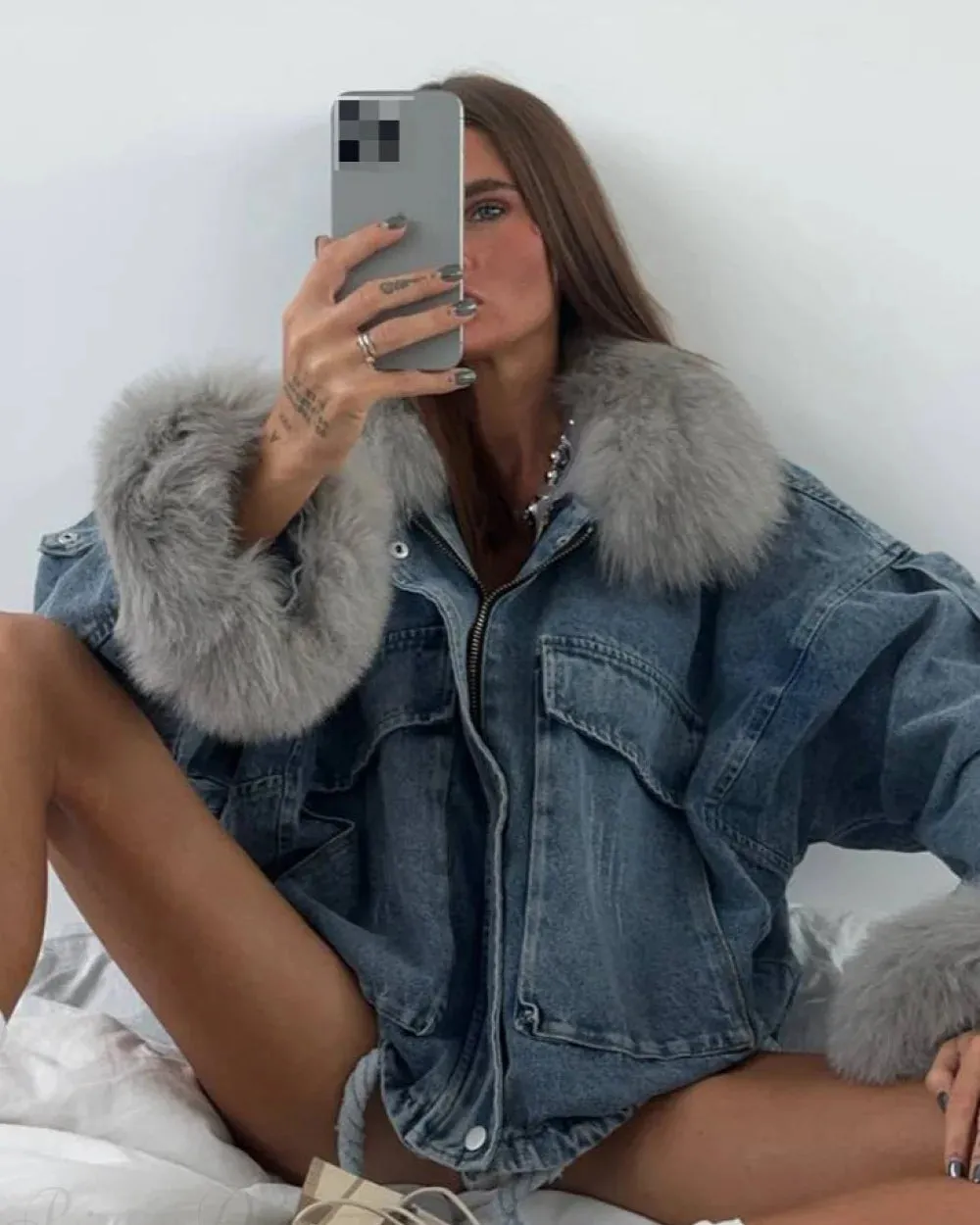 Fuzzy Denim Jacket for Women | Loose Fit with Large Pockets sold by Hensley London product image thumbnail 4