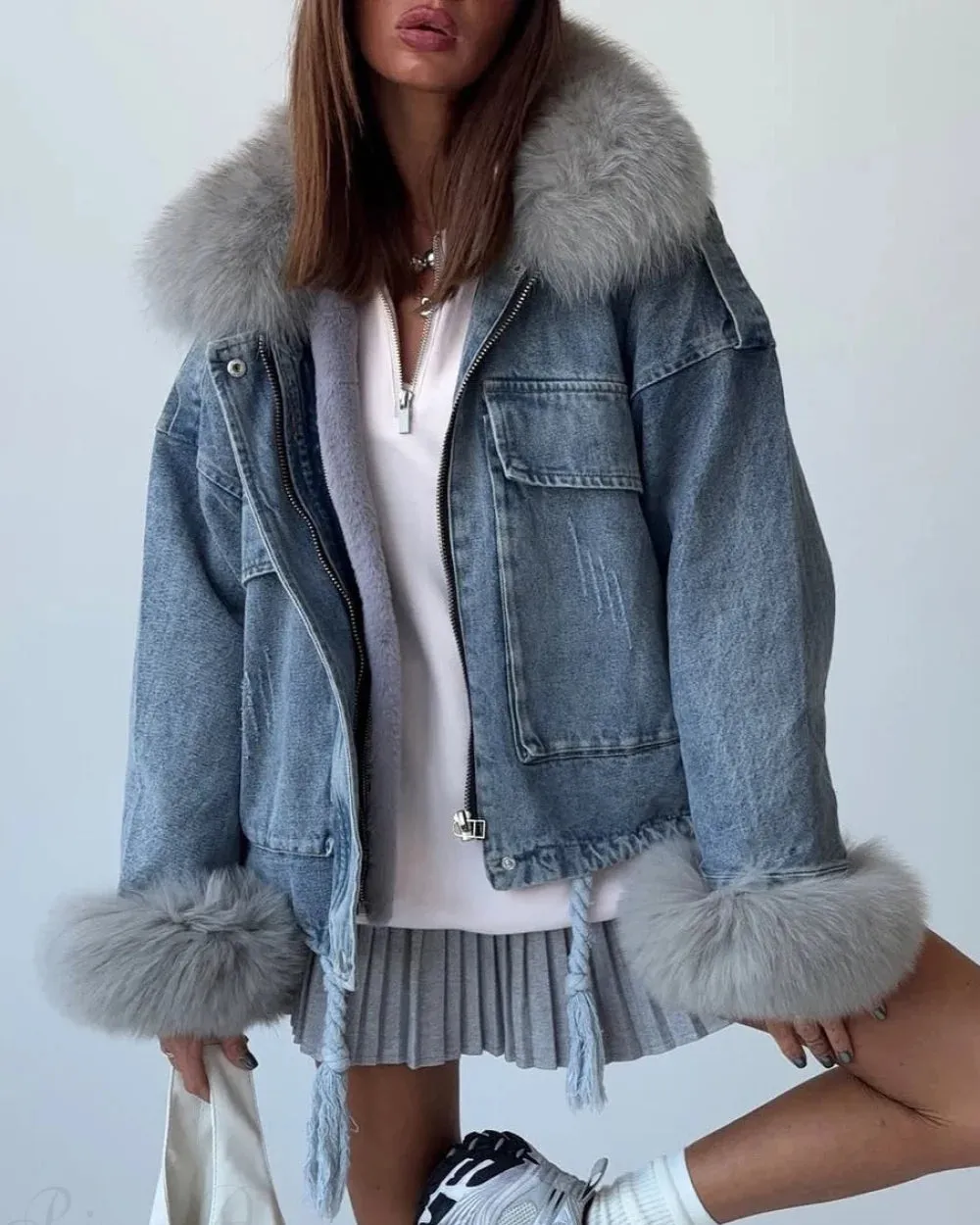 Fuzzy Denim Jacket for Women | Loose Fit with Large Pockets sold by Hensley London
