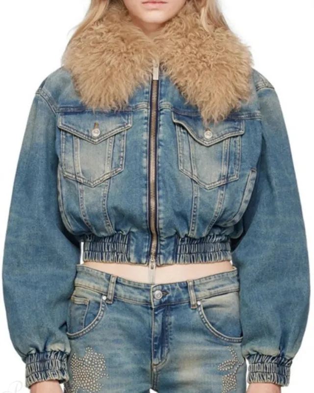 Evelyn Women's Quilted Denim Jacket | Fur Collar, Regular Fit sold by Hensley London