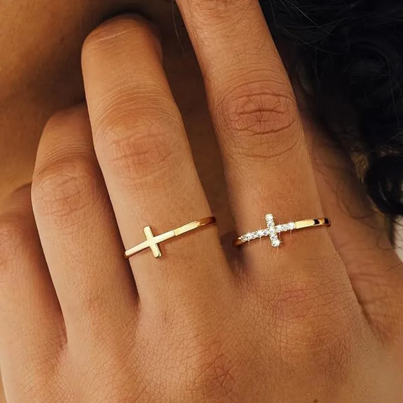 Women's Silver Cross Rings Set Stainless Steel with Diamonds sold by Hensley London