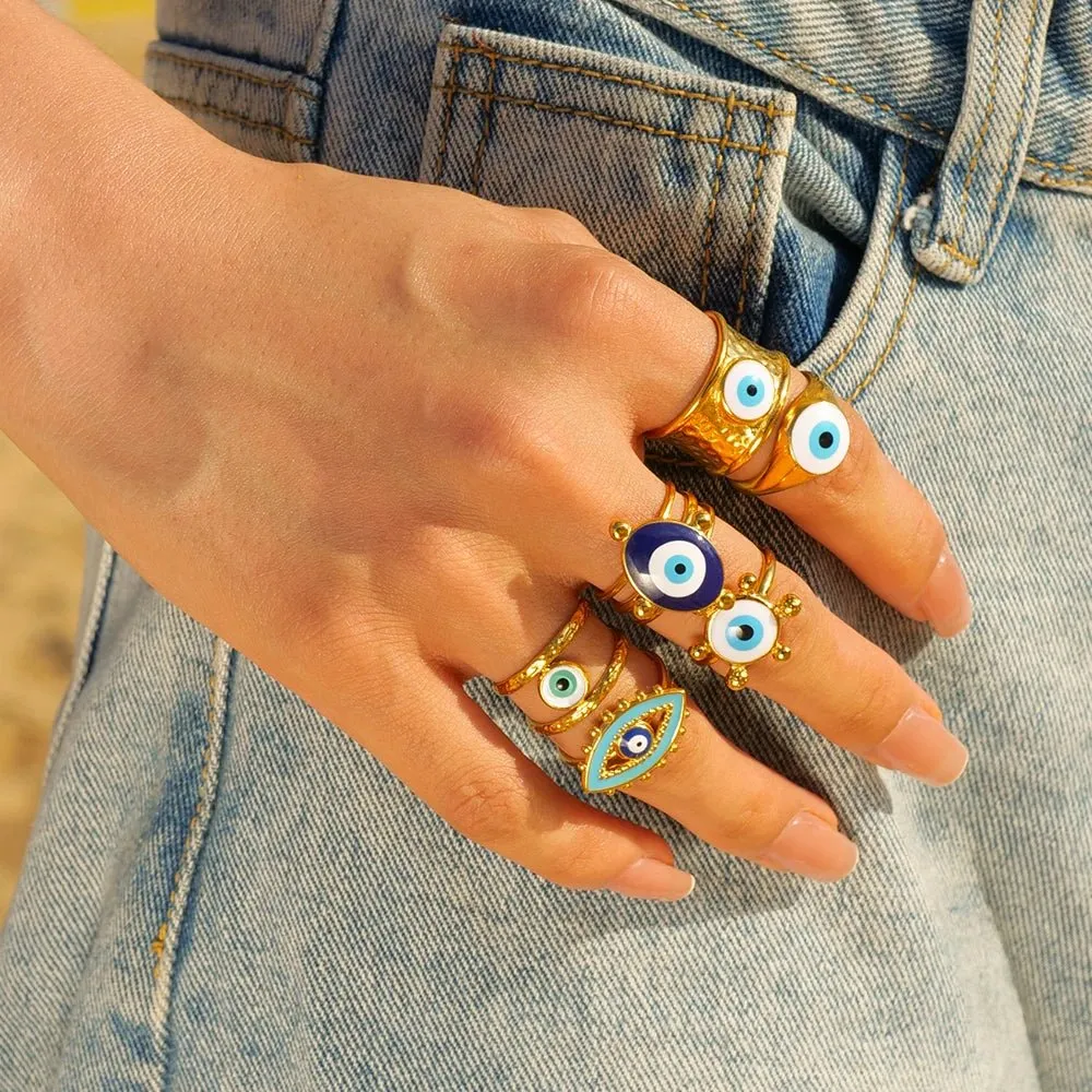 Women's Ring Gold Evil Eye Adjustable Stainless Steel Bohemian sold by Hensley London
