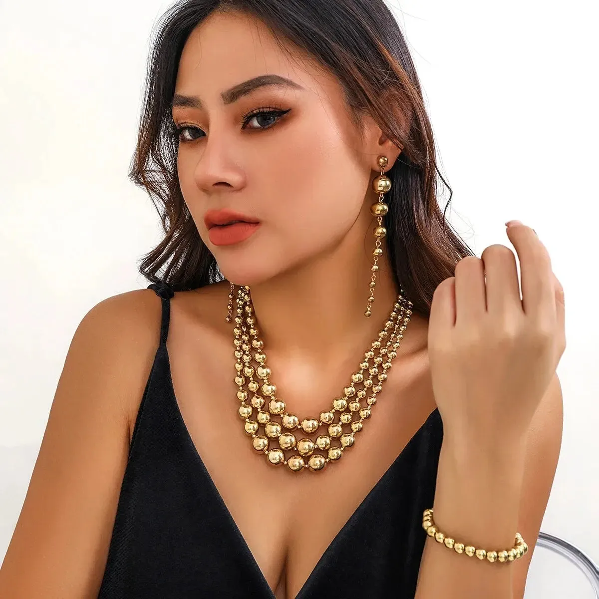 Gold Jewelry Set for Women, Triple Stack Necklace Earrings & Bracelet Set sold by Hensley London product image thumbnail 5