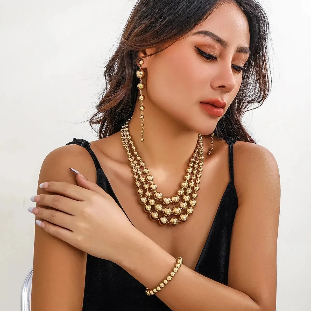 Gold Jewelry Set for Women, Triple Stack Necklace Earrings & Bracelet Set sold by Hensley London product image thumbnail 3