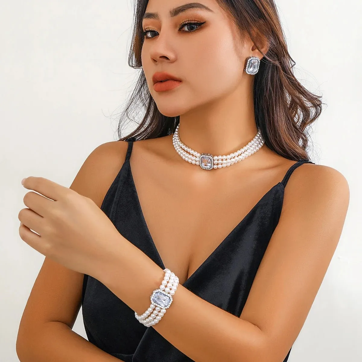 Women's Jewelry Set White Imitation Pearl Necklace and Earring Set Stainless Steel sold by Hensley London product image thumbnail 2