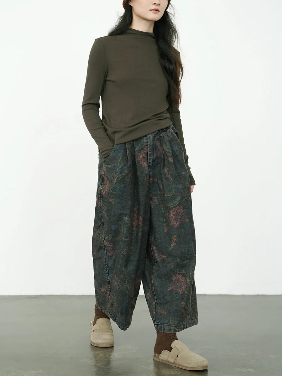 Women's Wide Leg Pants Blue Cotton Blend Retro Flower Design sold by Hensley London product image thumbnail 3
