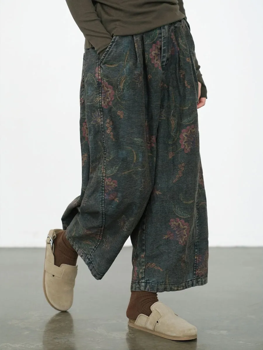 Women's Wide Leg Pants Blue Cotton Blend Retro Flower Design sold by Hensley London