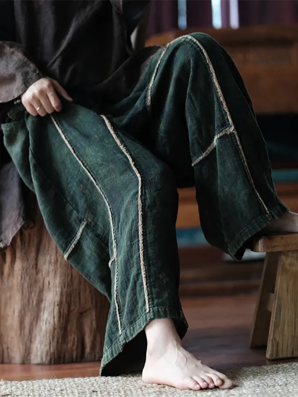 Women's Wide Leg Pants Black Cotton Plus Size made by BUYKUD