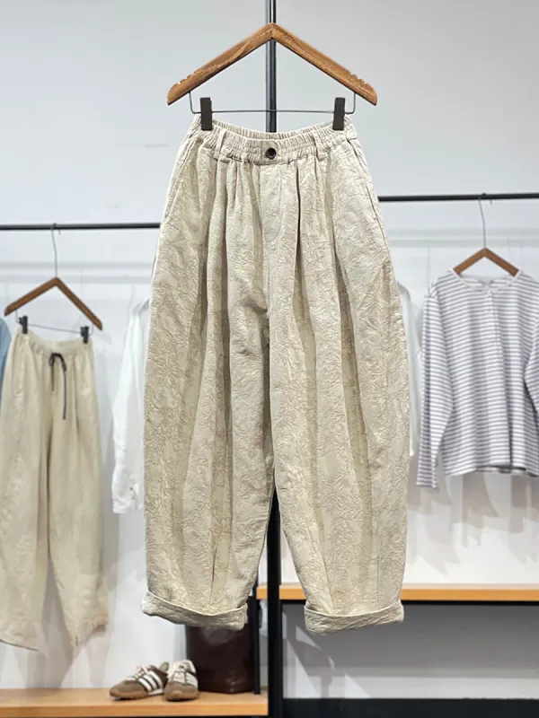 Women's Wide Leg Pants Green Jacquard Linen Cotton made by BUYKUD