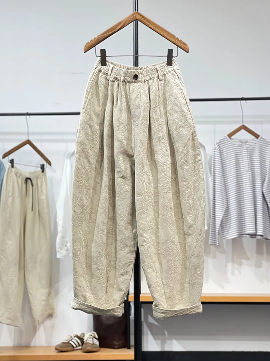 Women's Wide Leg Pants Green Jacquard Linen Cotton sold by Hensley London