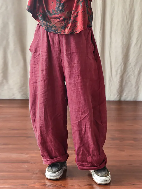 Plus Size Women's Pants Beige Linen Elastic Waist with Pockets made by BUYKUD