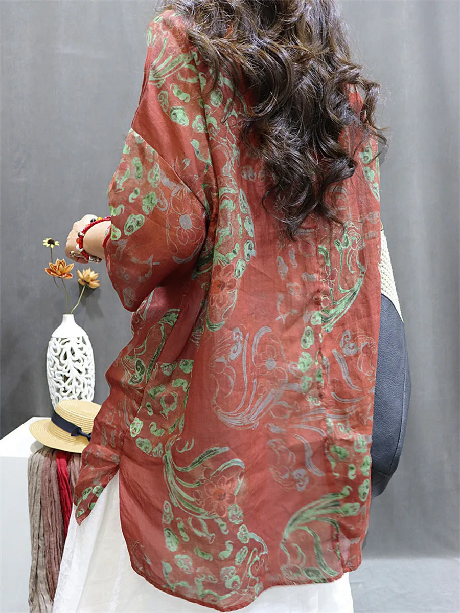 Plus Size Women's Blouse White Ramie Flower Pattern Summer Top sold by Hensley London product image thumbnail 3