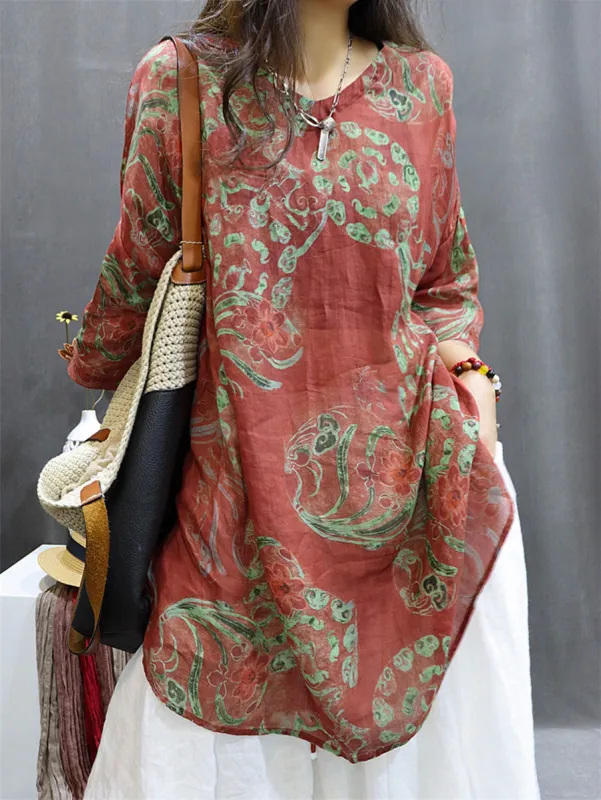 Plus Size Women's Blouse White Ramie Flower Pattern Summer Top made by BUYKUD