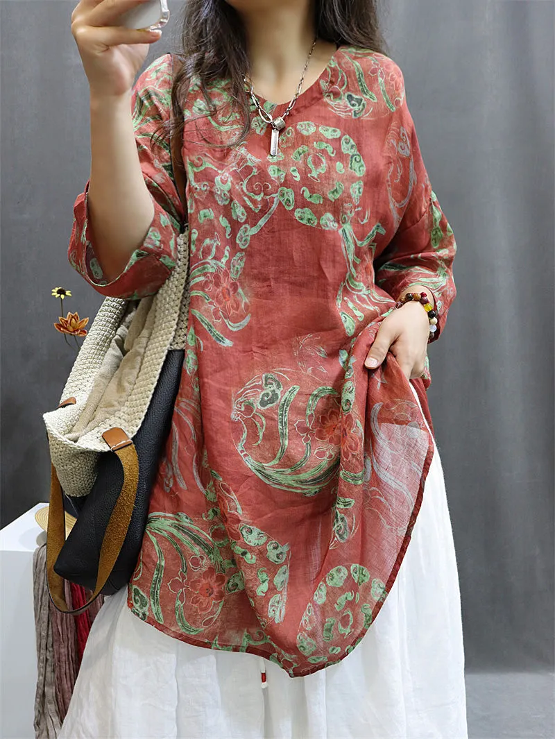 Plus Size Women's Blouse White Ramie Flower Pattern Summer Top sold by Hensley London product image thumbnail 2