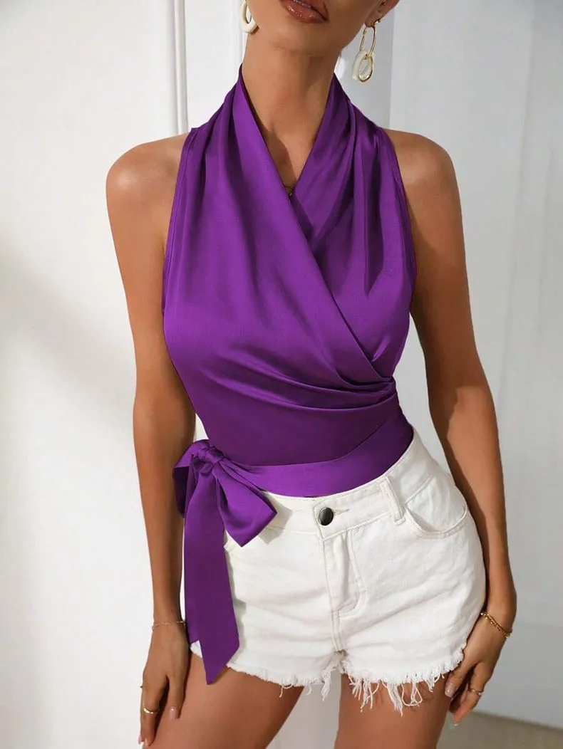 Women's Halter Neck Wrap Top White Silky Going Out Blouse sold by Hensley London product image thumbnail 4