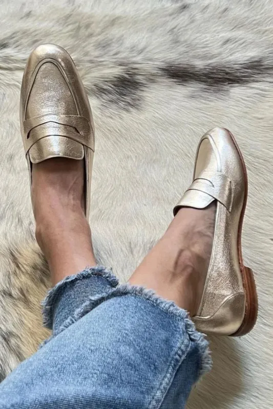 Women's Loafer Light Gold Metallic Synthetic Elegant Comfort made by Hensley London