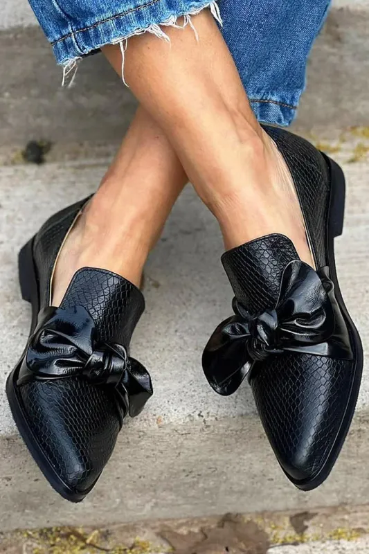Women's Black Loafers Synthetic with Shiny Bow made by Hensley London