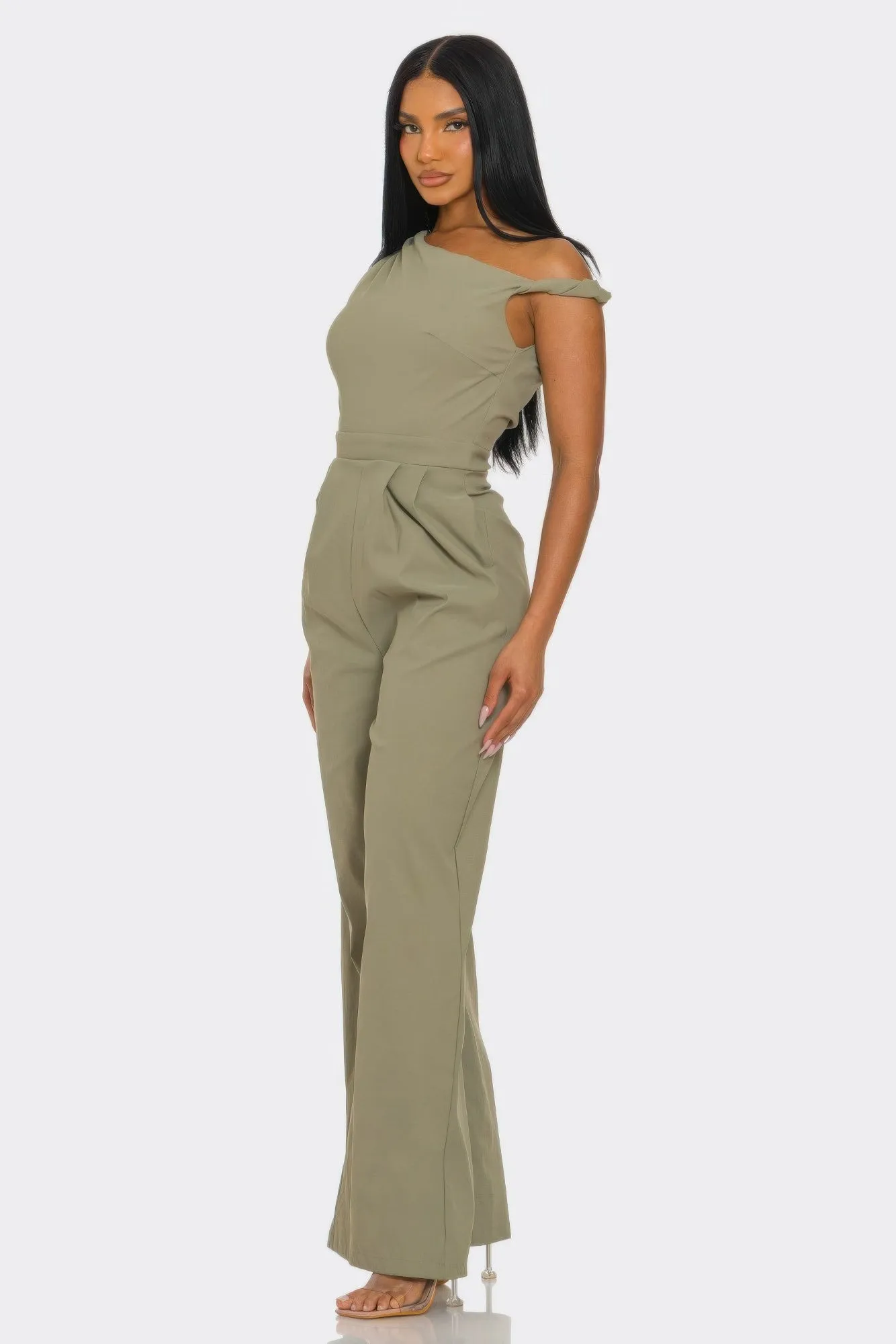 Women's One-Shoulder Jumpsuit, Wide-Leg Sleeveless Cocktail Evening Outfit, Khaki sold by Hensley London product image thumbnail 2