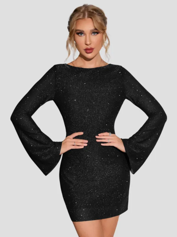 Women's Backless Sequin Dress Black Elegant Long Sleeve made by Hensley London