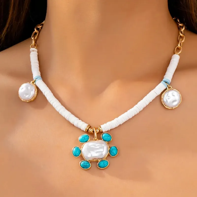 Bohemian Turquoise Inlay Gold Pendant Necklace made by Hensley London