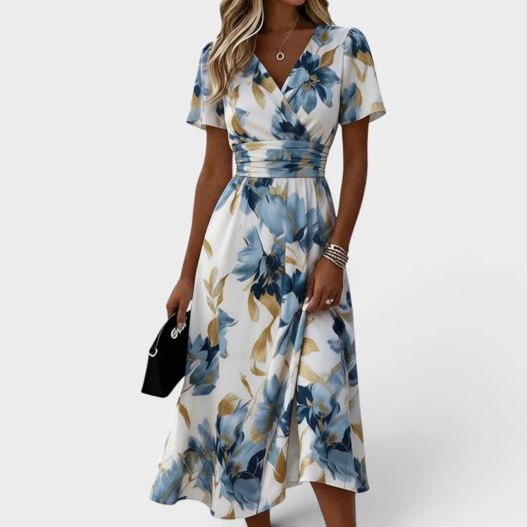 Elara | Floral Wrap Waist Midi Dress sold by Hensley London