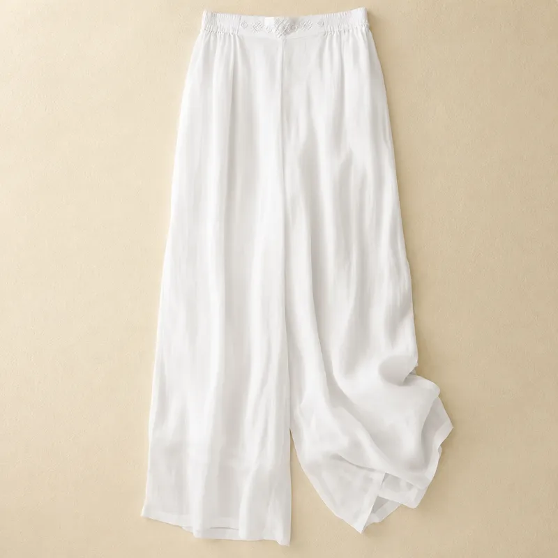 Women's Cotton Linen Wide Leg Embroidered Waist Pants made by Hensley London