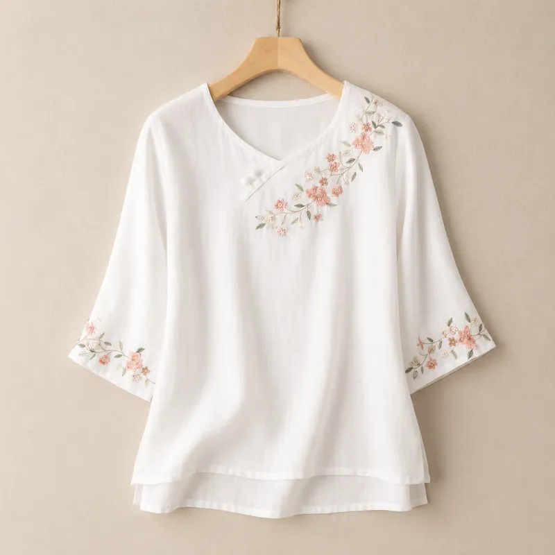 Women's Embroidered Cotton Linen Floral Blouse made by Hensley London