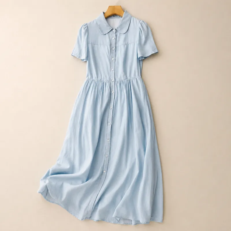 Women's Cotton Linen Collared Short-Sleeve Midi Dress made by Hensley London