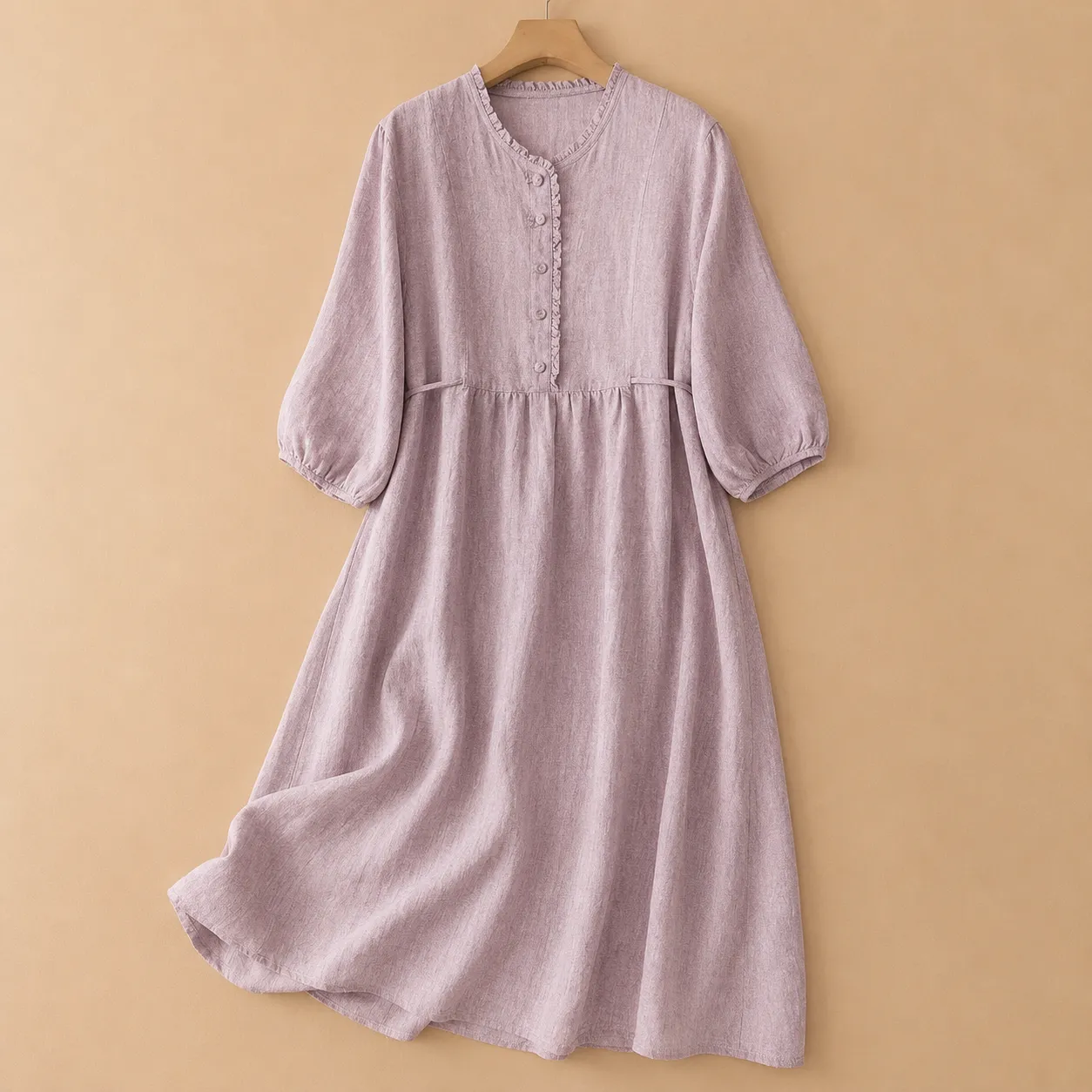 Women's Cotton Linen Long-Sleeve Gathered Waist Midi Dress sold by Hensley London