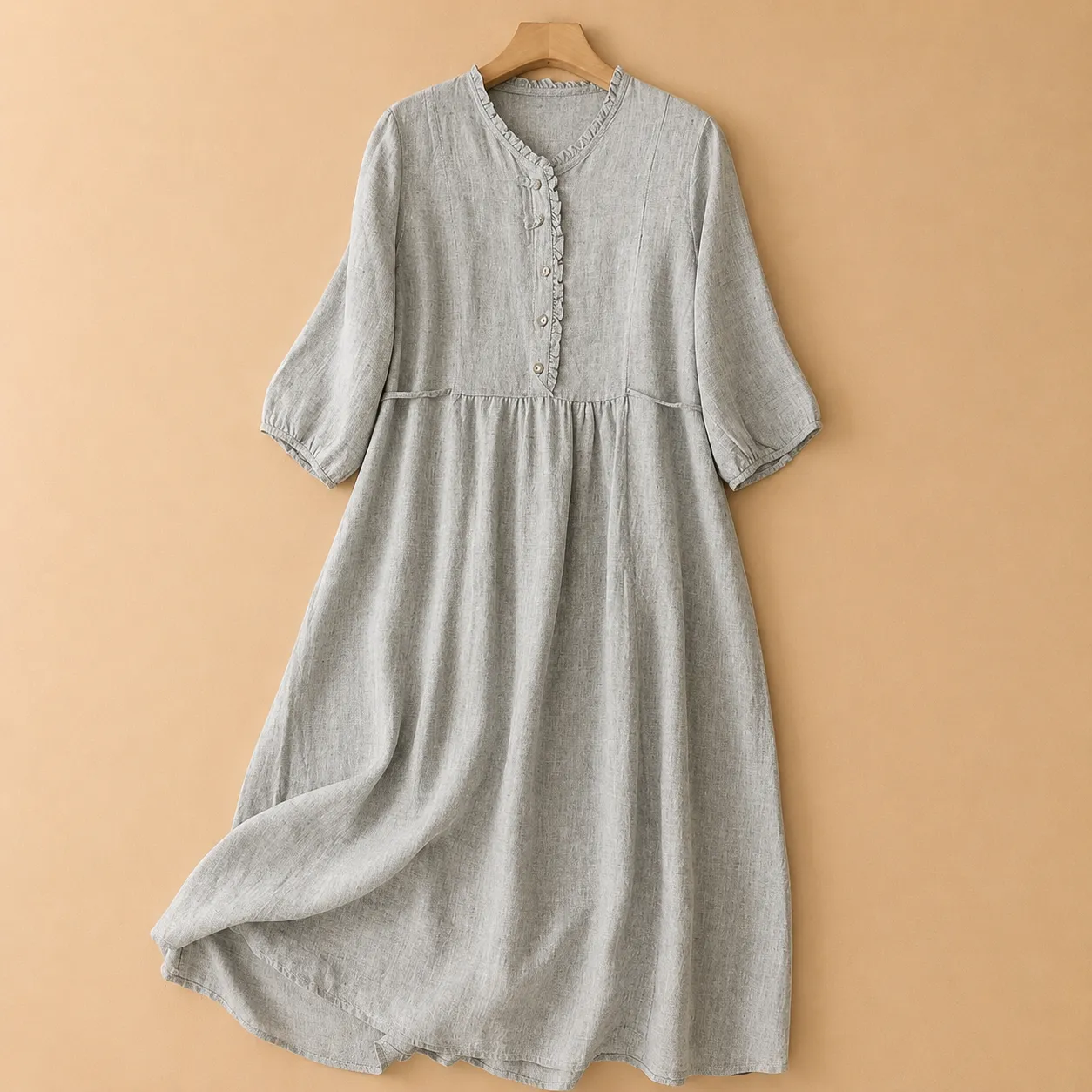 Women's Cotton Linen Long-Sleeve Gathered Waist Midi Dress sold by Hensley London product image thumbnail 2