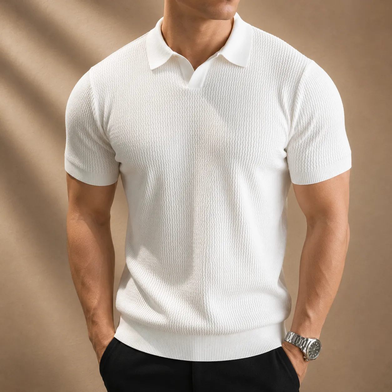Men's Ribbed Knit Short Sleeve Polo Shirt sold by Hensley London product image thumbnail 3