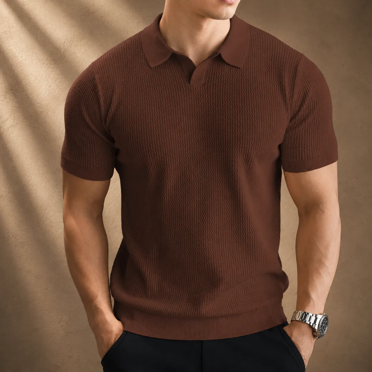 Men's Ribbed Knit Short Sleeve Polo Shirt sold by Hensley London product image thumbnail 4