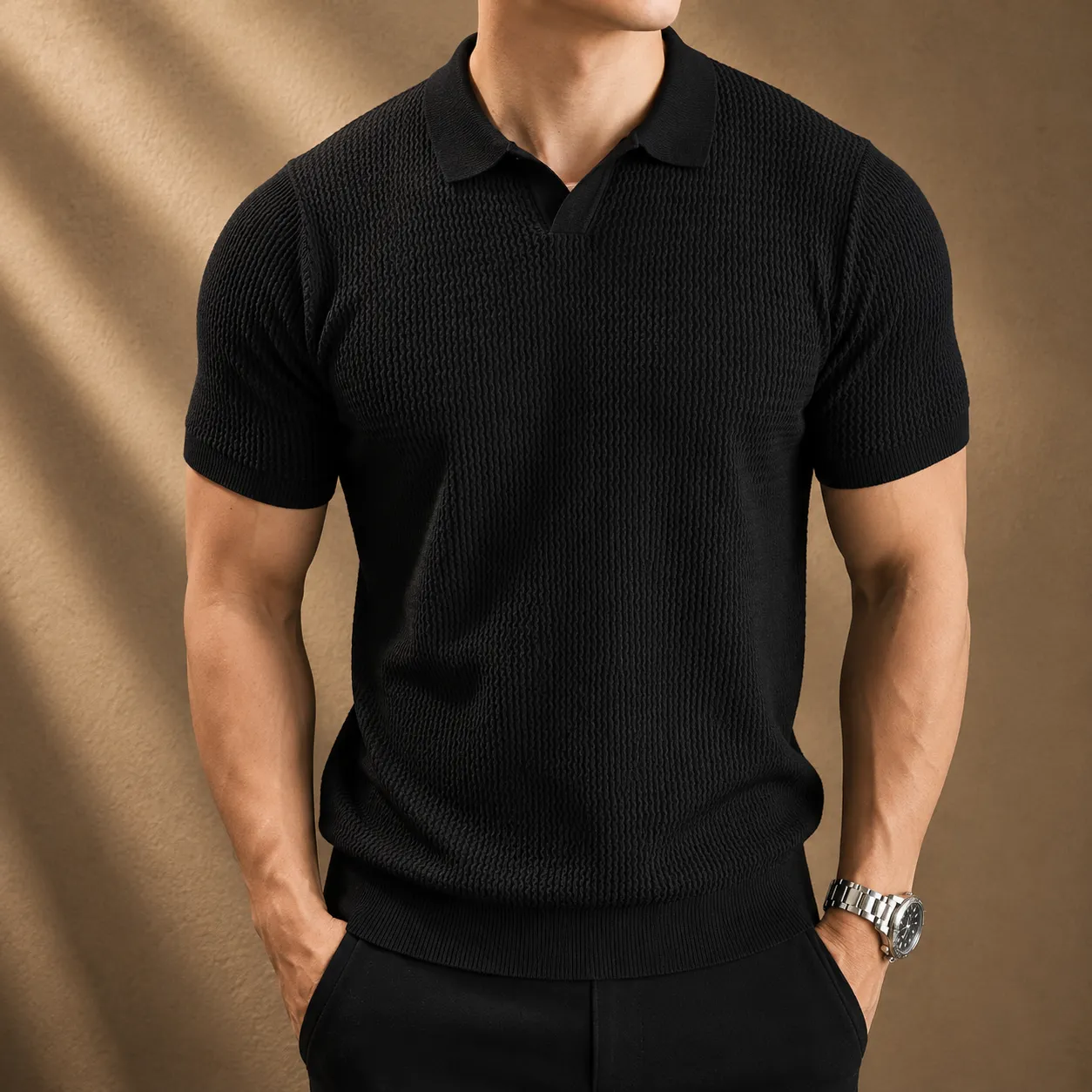 Men's Ribbed Knit Short Sleeve Polo Shirt sold by Hensley London product image thumbnail 2