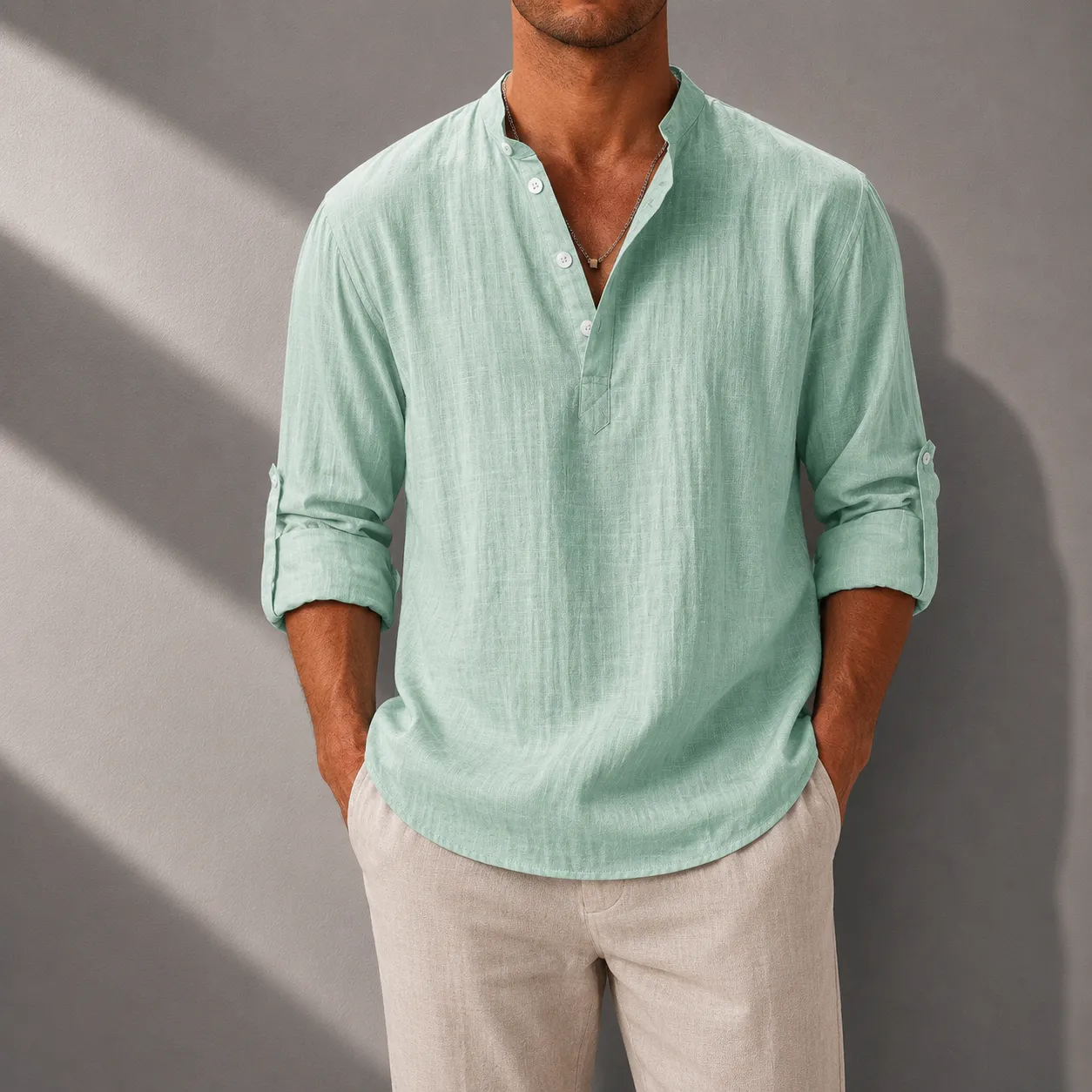 Men's Cotton Linen Henley Shirt with Roll-Up Sleeves sold by Hensley London product image thumbnail 5