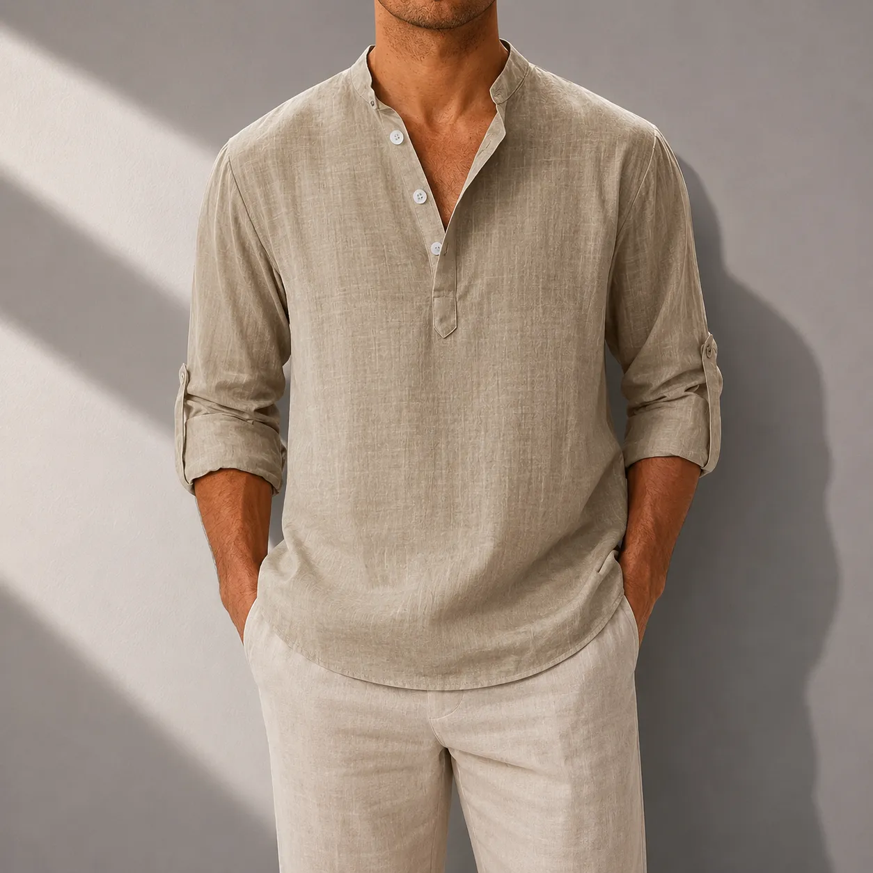 Men's Cotton Linen Henley Shirt with Roll-Up Sleeves sold by Hensley London product image thumbnail 2