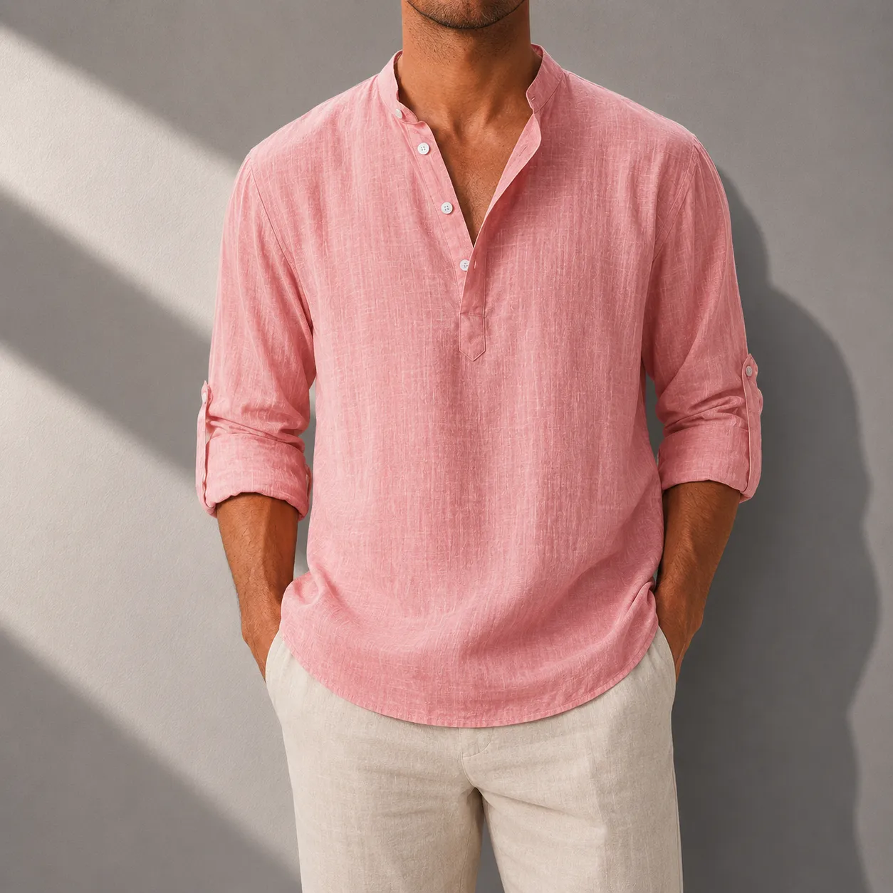 Men's Cotton Linen Henley Shirt with Roll-Up Sleeves sold by Hensley London product image thumbnail 3