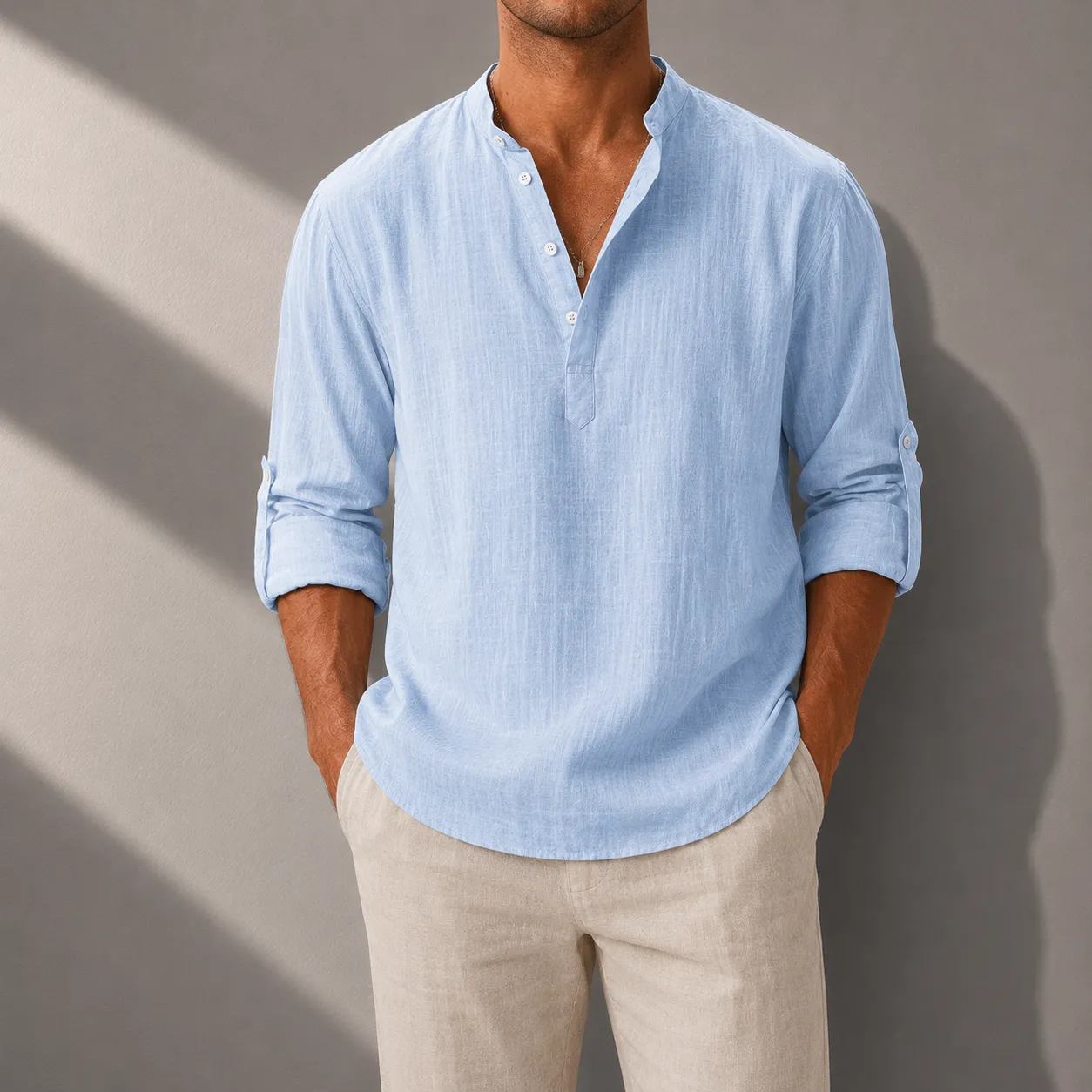 Men's Cotton Linen Henley Shirt with Roll-Up Sleeves sold by Hensley London product image thumbnail 4