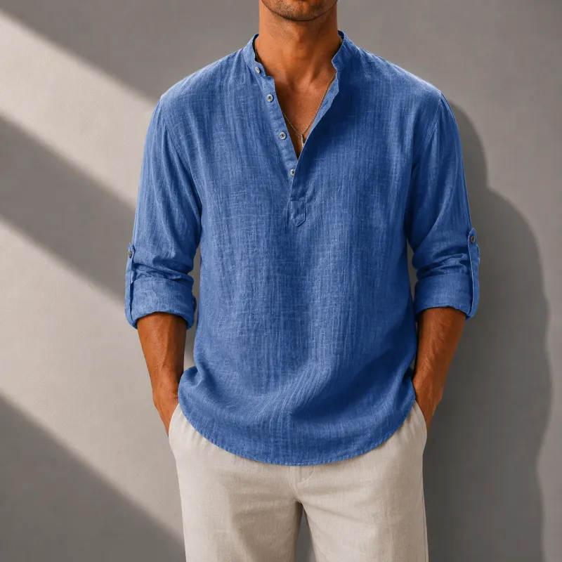 Men's Cotton Linen Henley Shirt with Roll-Up Sleeves made by Hensley London