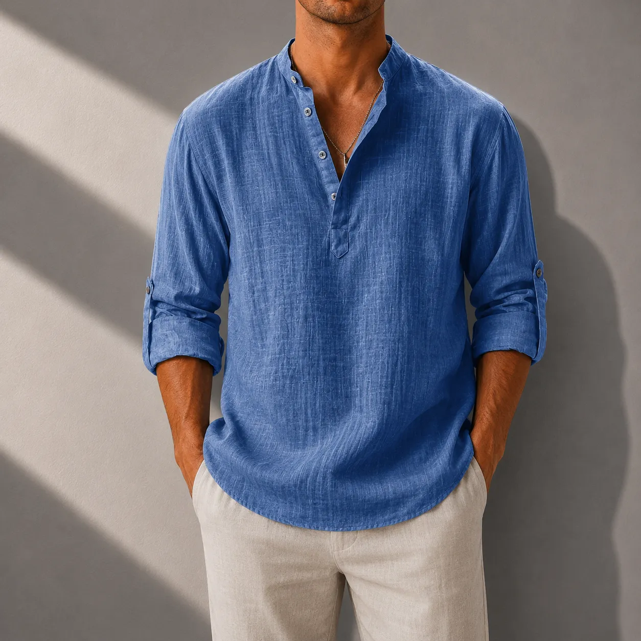Men's Cotton Linen Henley Shirt with Roll-Up Sleeves sold by Hensley London
