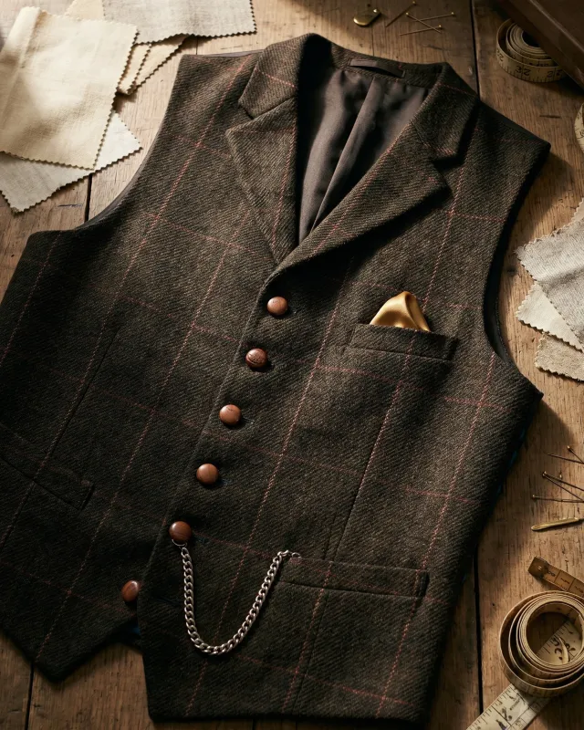 Men's Tweed Lapelled Waistcoat – Windowpane Check made by Hensley London
