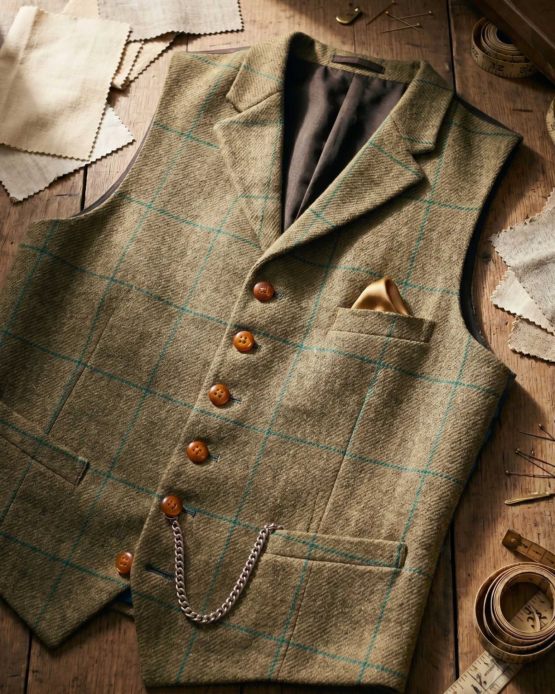 Men's Tweed Lapelled Waistcoat – Windowpane Check sold by Hensley London product image thumbnail 5