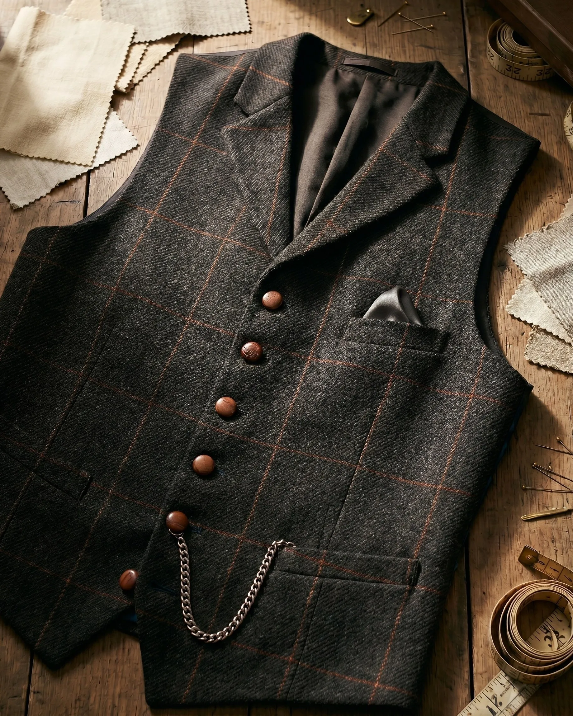 Men's Tweed Lapelled Waistcoat – Windowpane Check sold by Hensley London product image thumbnail 2