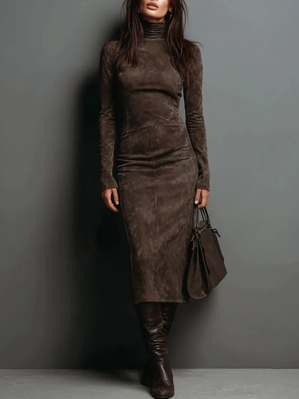 Women's Suede-Look High-Neck Maxi Dress – Lace Slit made by Hensley London