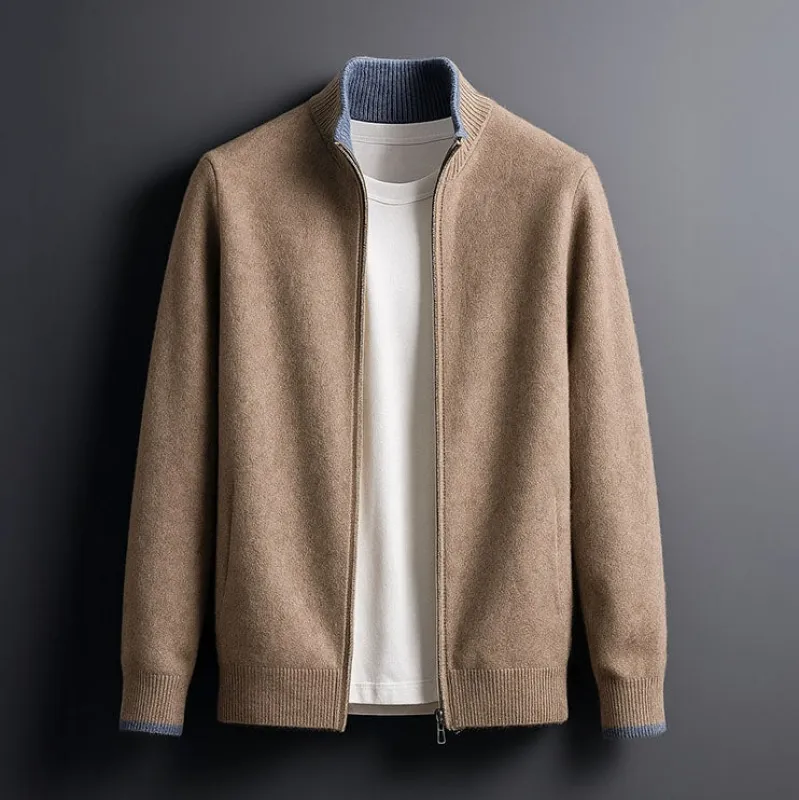 Men's Knit Zip-Up Cardigan – Ribbed Stand Collar made by Hensley London
