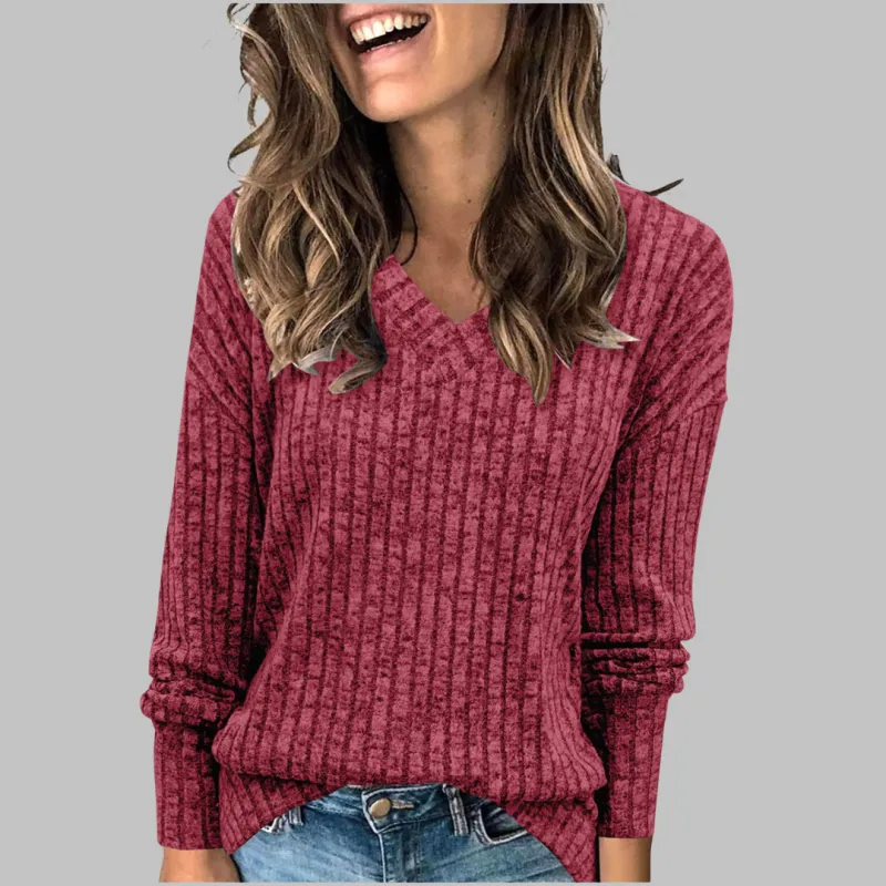 Women's Comfy V-Neck Long Sleeve Knit Top made by Hensley London