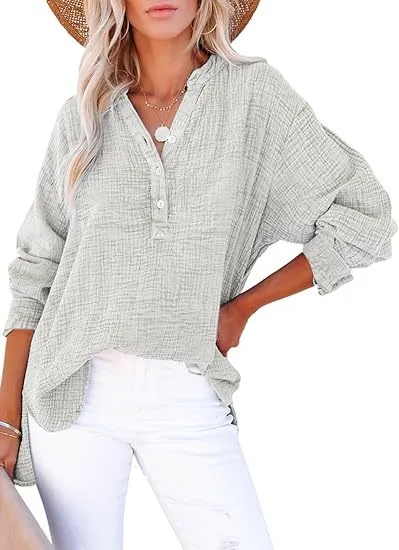 Women's Pleated Cotton Button Top – Long Sleeve Blouse sold by Hensley London product image thumbnail 4