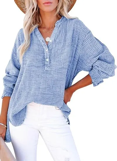 Women's Pleated Cotton Button Top – Long Sleeve Blouse sold by Hensley London product image thumbnail 5
